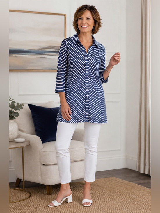 Joseph Ribkoff Tops - Joseph Ribkoff Blue White Diagonal Stripe Button Front Tunic Size 14